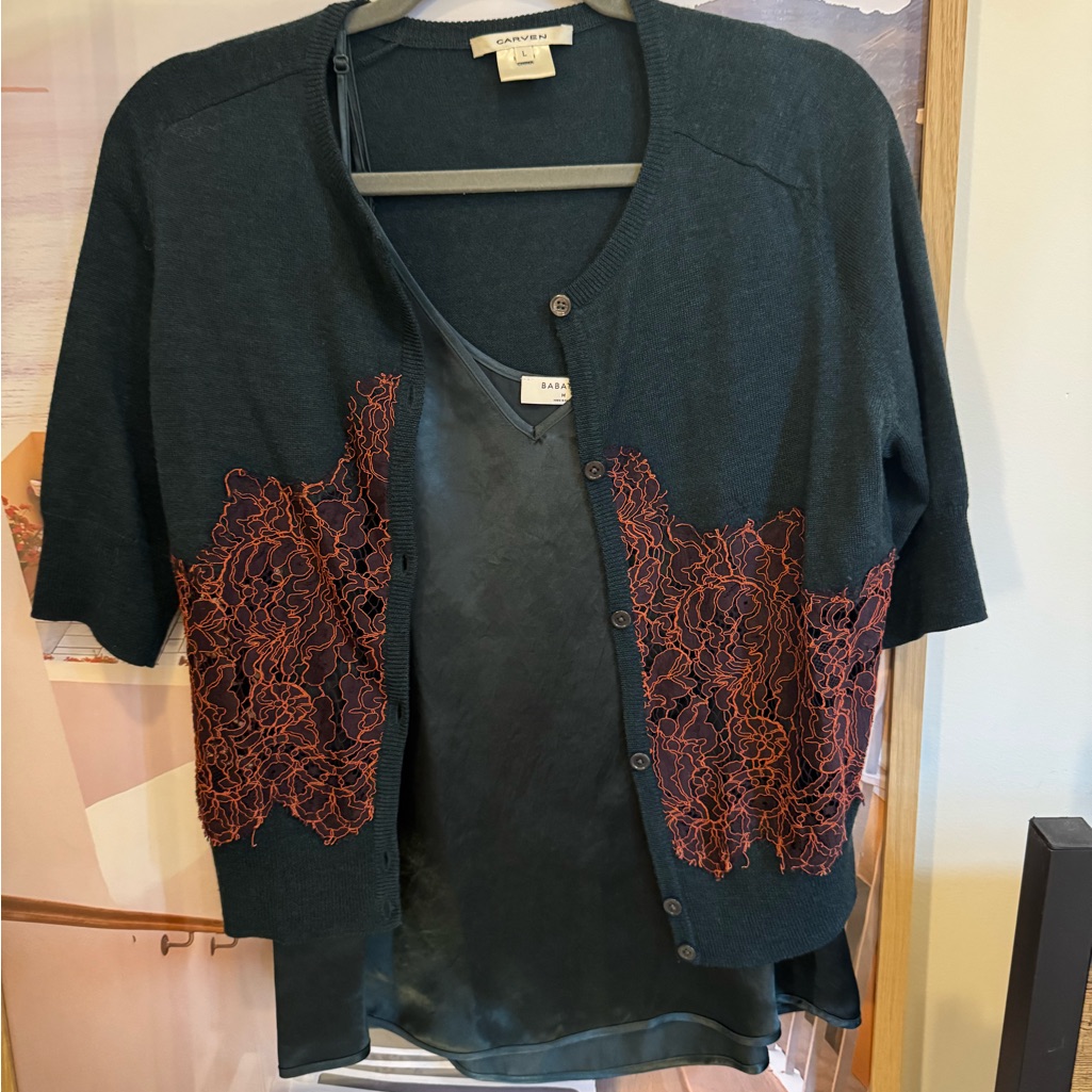 Carven Dark Green Cardigan With Red Lace